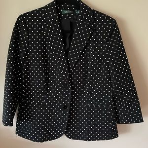 Peplum jacket, black with white polka dots, 3/4 sleeve, completely lined